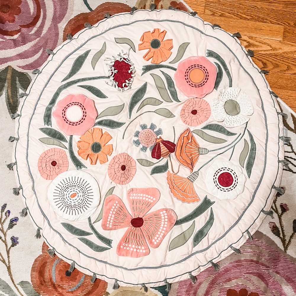 Crate & Barrel Floral Garden Embroidered Baby Activity Play Mat